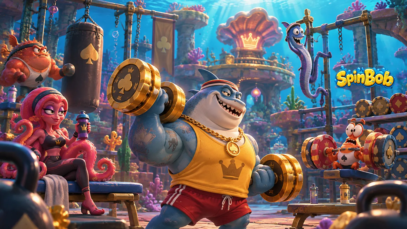 Shark lifting golden chip dumbbells in the Spinbob reef gym